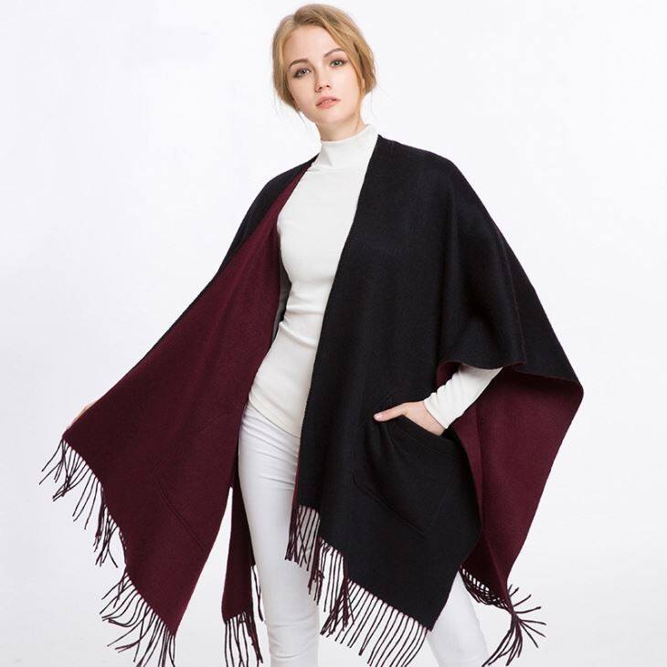 197 Double Side Solid Color Wool Poncho (2)