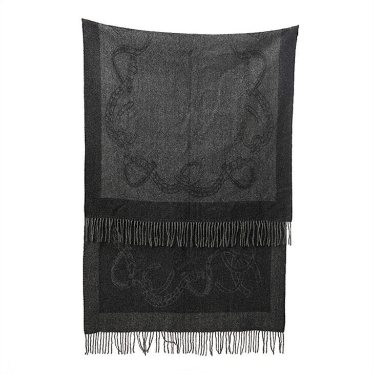Large Black Jacquard Weave Wool Scarf