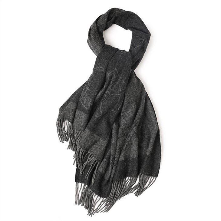Large Black Jacquard Weave Wool Scarf