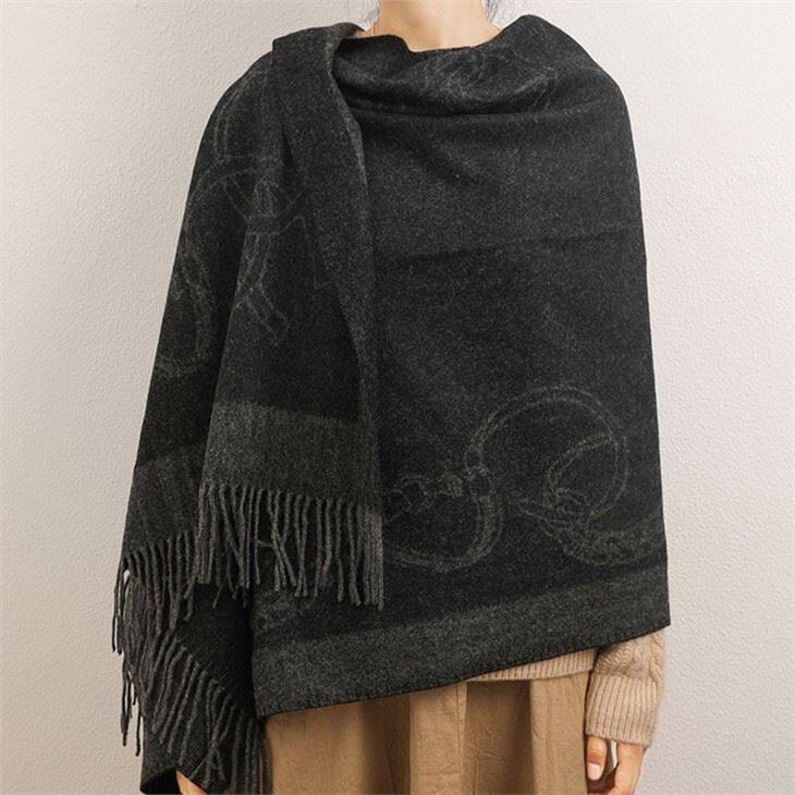 Large Black Jacquard Weave Wool Scarf