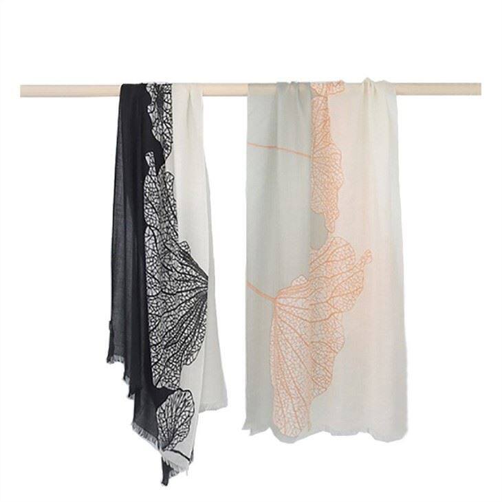 Ultra-Thin Leaf Print Worsted Cashmere Scarf