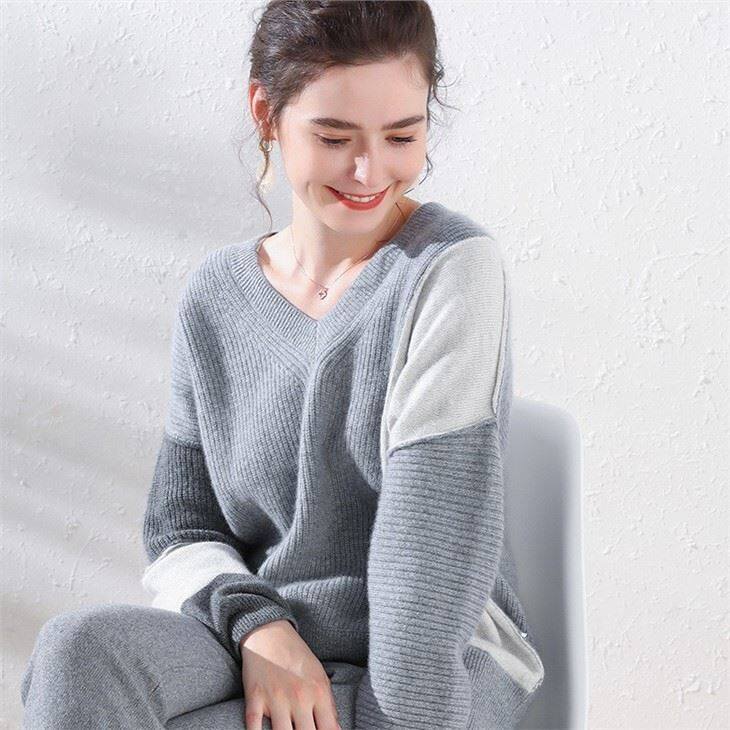 V-Neck Assorted Color Sleeved Cashmere Sweater