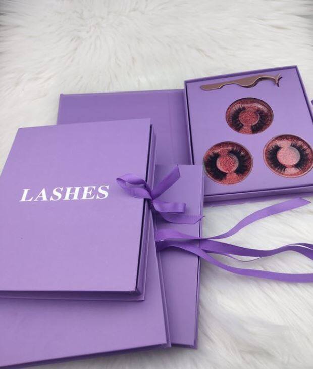 3 Pairs Purple Color Eyelashes Packing Box With Applicator