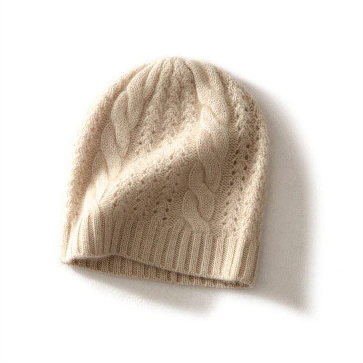 Women Simple Cable Knitted 100% Cashmere Beanie Hat