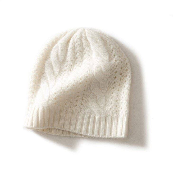 Women Simple Cable Knitted 100% Cashmere Beanie Hat