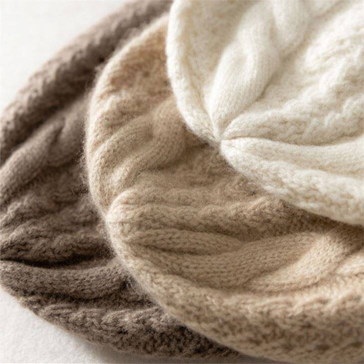 Women Simple Cable Knitted 100% Cashmere Beanie Hat