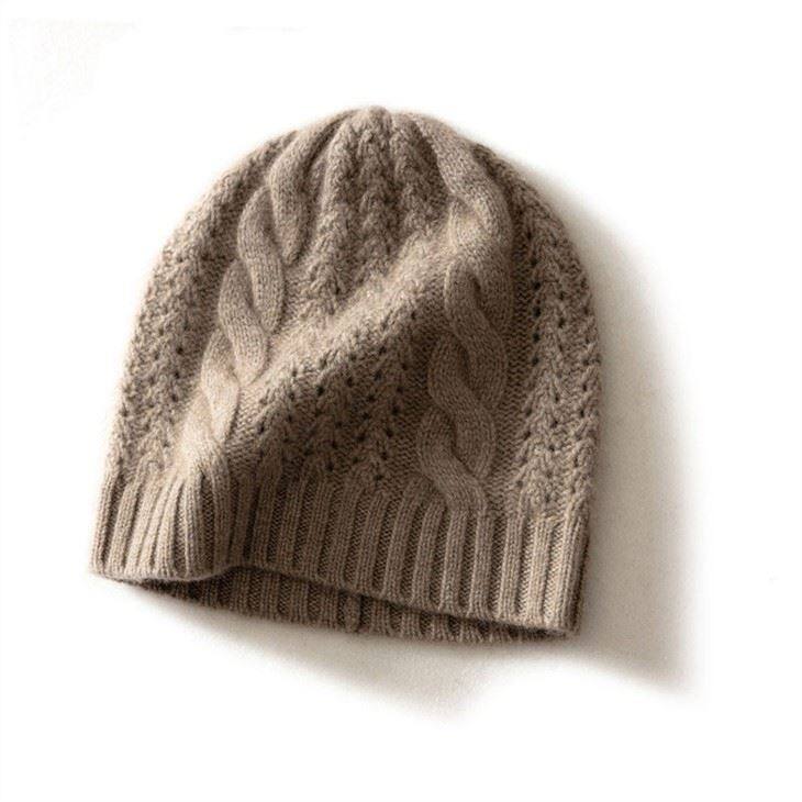 Women Simple Cable Knitted 100% Cashmere Beanie Hat