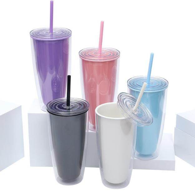 Tymblau plastig wedi'u hinswleiddio gyda chaeadau a gwellt