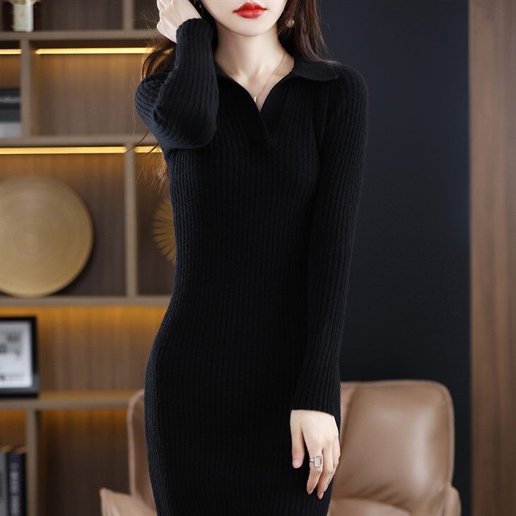 Vestit llarg de llana negre per a dona