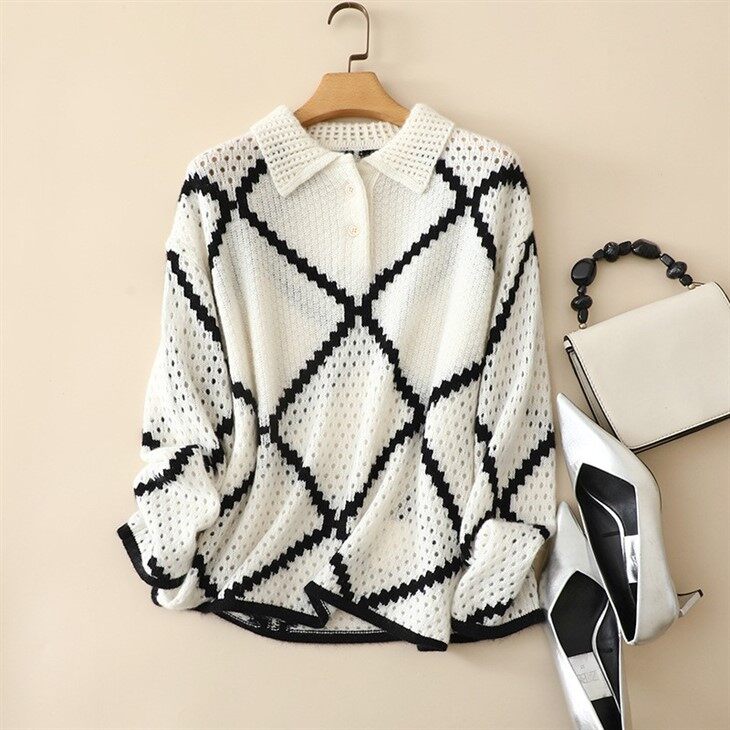 Color Block Chunky Cashmere Polo Neck Knitted Sweater