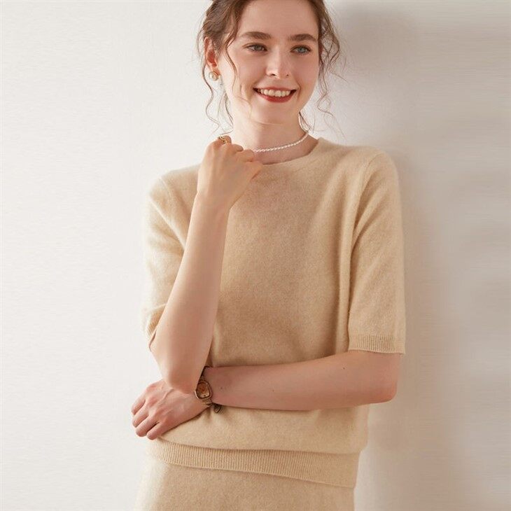 Crewneck Short Sleeve Knitted Cashmere Wool Sweater Women