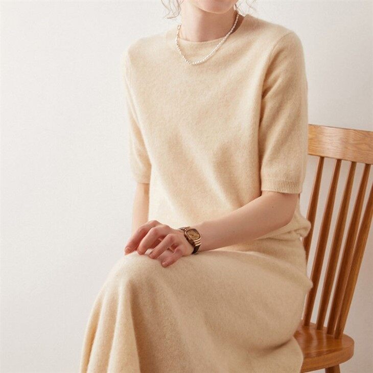 Crewneck Short Sleeve Knitted Cashmere Wool Sweater Women