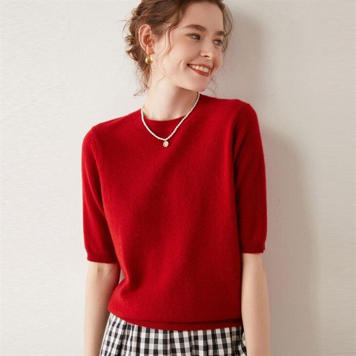 Crewneck Short Sleeve Knitted Cashmere Wool Sweater Women