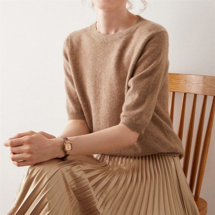 Crewneck Short Sleeve Knitted Cashmere Wool Sweater Women