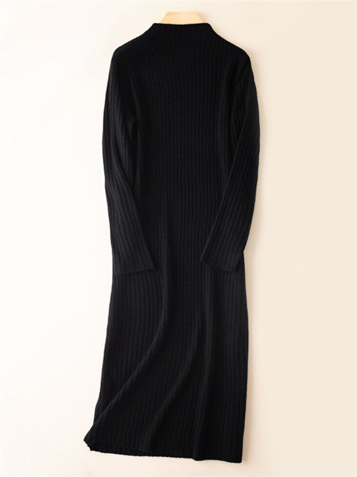 Half-neck Solid Color Striped Knitted Wool Dress
