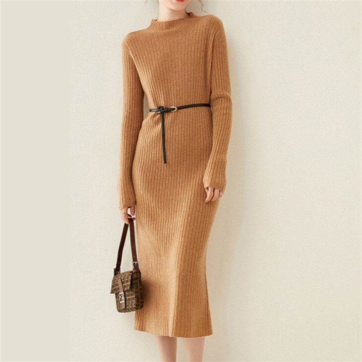 Half-neck Solid Color Striped Knitted Wool Dress