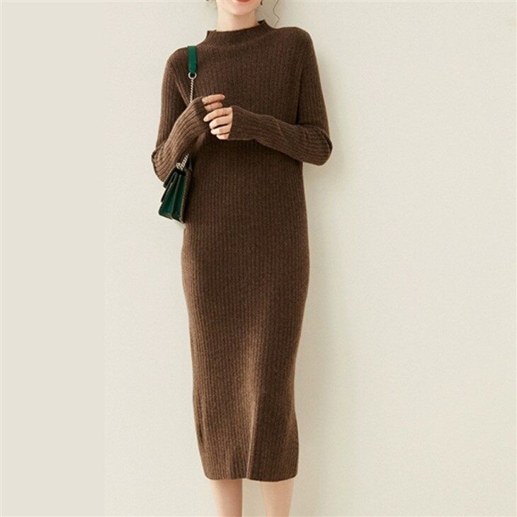 Half-neck Solid Color Striped Knitted Wool Dress