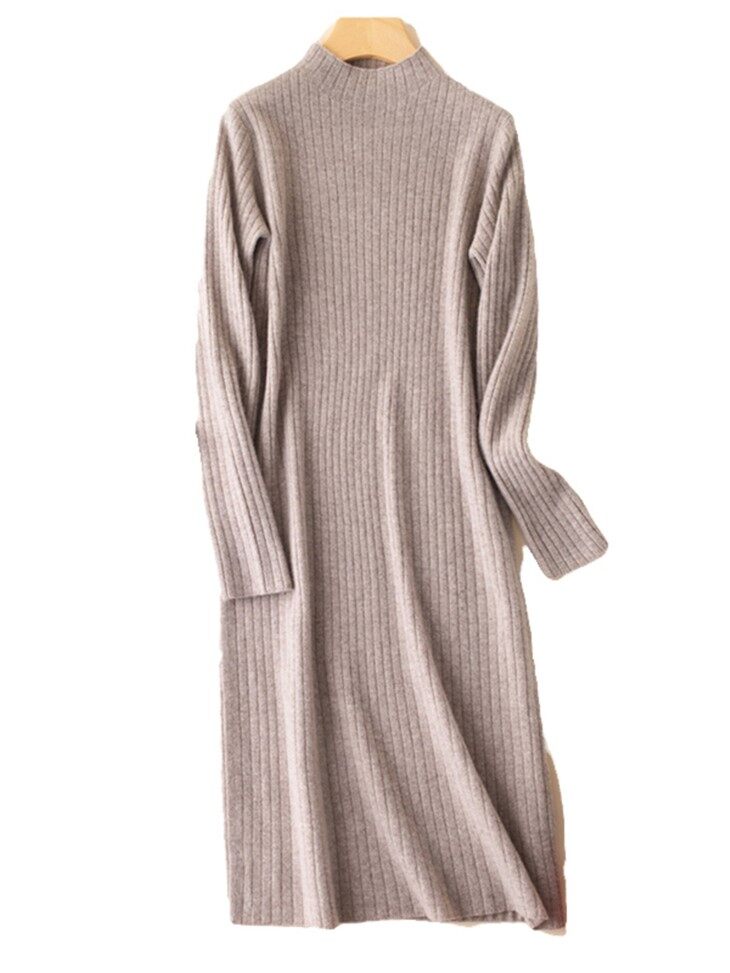 Half-neck Solid Color Striped Knitted Wool Dress
