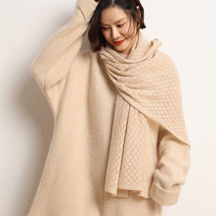 Hollow Knitted Cashmere Herringbone Wrap Shawl For Woman