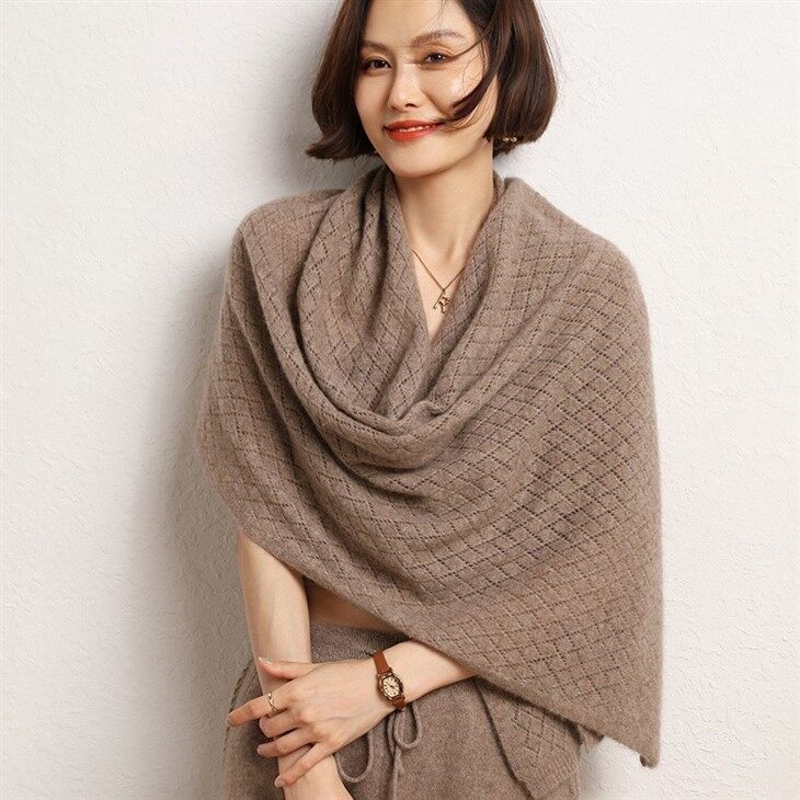 Hollow Knitted Cashmere Herringbone Wrap Shawl For Woman
