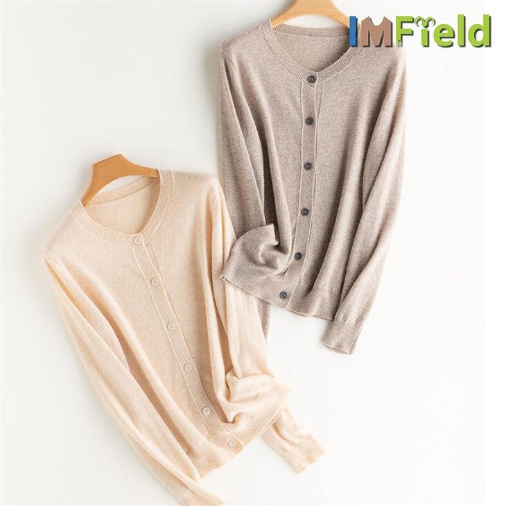 Inner Mongolia Crew Neck Plain Knit 100% Cashmere Cardigan For Women