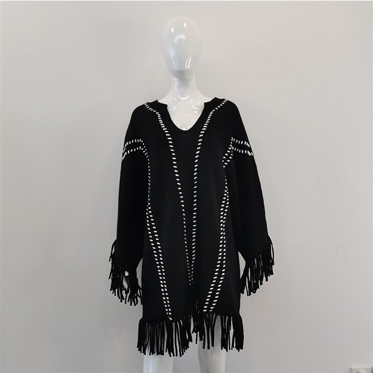 Knitted Cashmere V Neck Loose Tassel Sweater