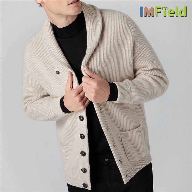 Men Rib Knit Shawl Collar Design Cashmere Cardigan Sweater