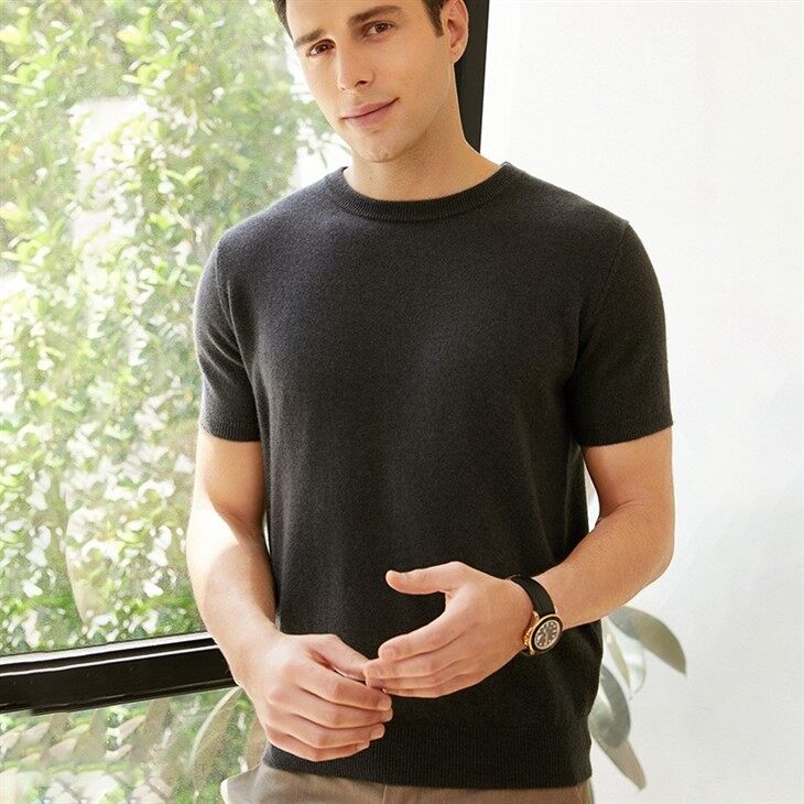 Mens 100%cashmere O-neck Kint Short Sleeve Sweaters