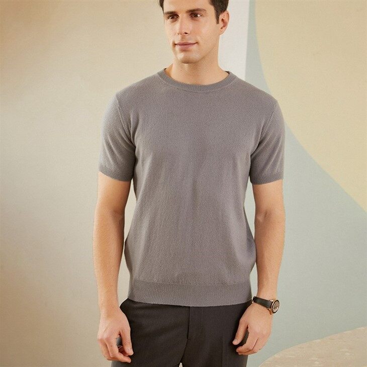 Mens 100%cashmere O-neck Kint Short Sleeve Sweaters