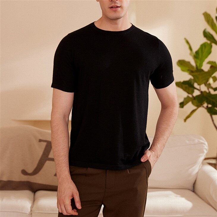 Mens Solid Color Lightweight Cashmere Short Sleeve Sweaters