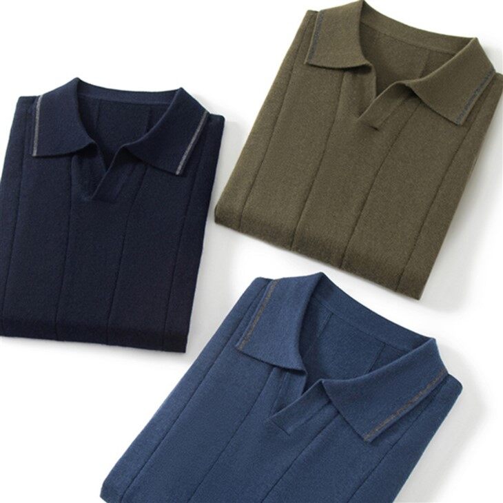 Mens Worsted Cashmere Polo Neck Short Sleeve Sweaters