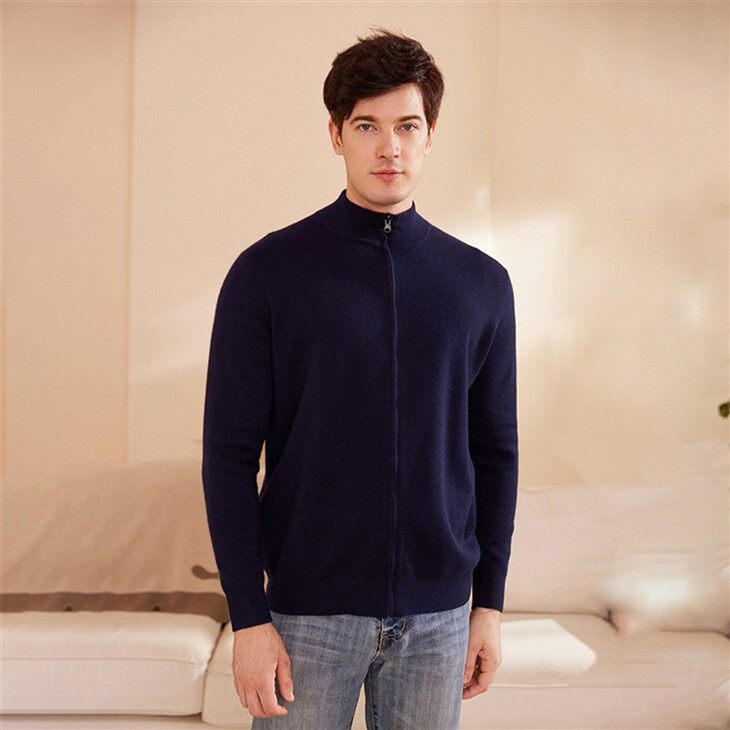 Mens Worsted Thick Cashmere Zip Cardigan Coat