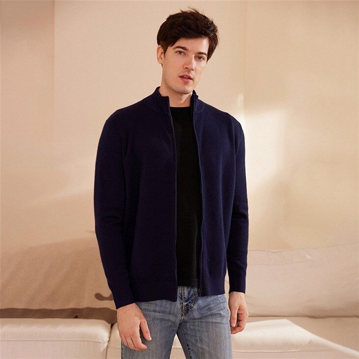 Mens Worsted Thick Cashmere Zip Cardigan Coat