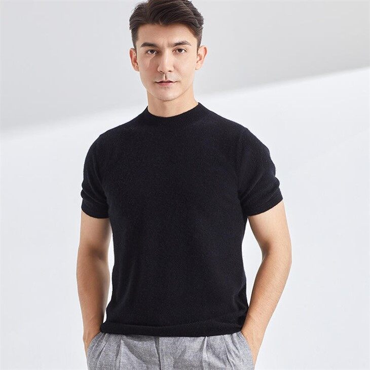 Plain Knit Cashmere T Shirt For Men Short Sleeve