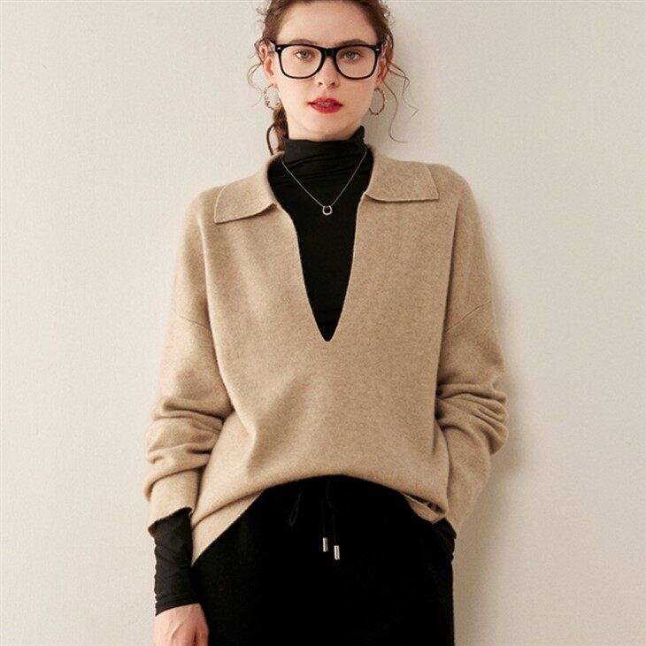 Polo V Neck Cashmere Pullover Sweater Women