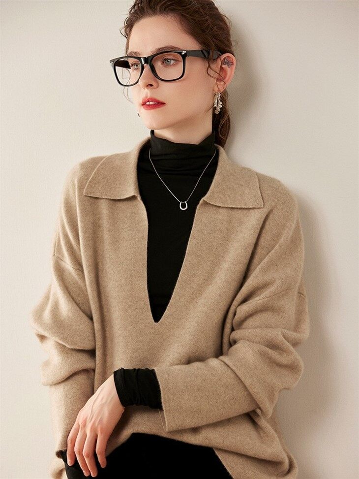 Polo V Neck Cashmere Pullover Sweater Women