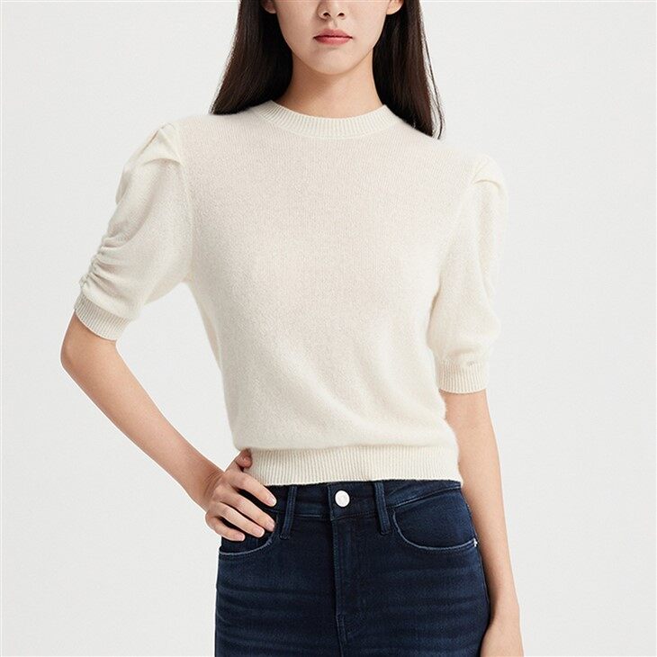 Short Sleeve Knitted Cashmere Crewneck Sweater Women