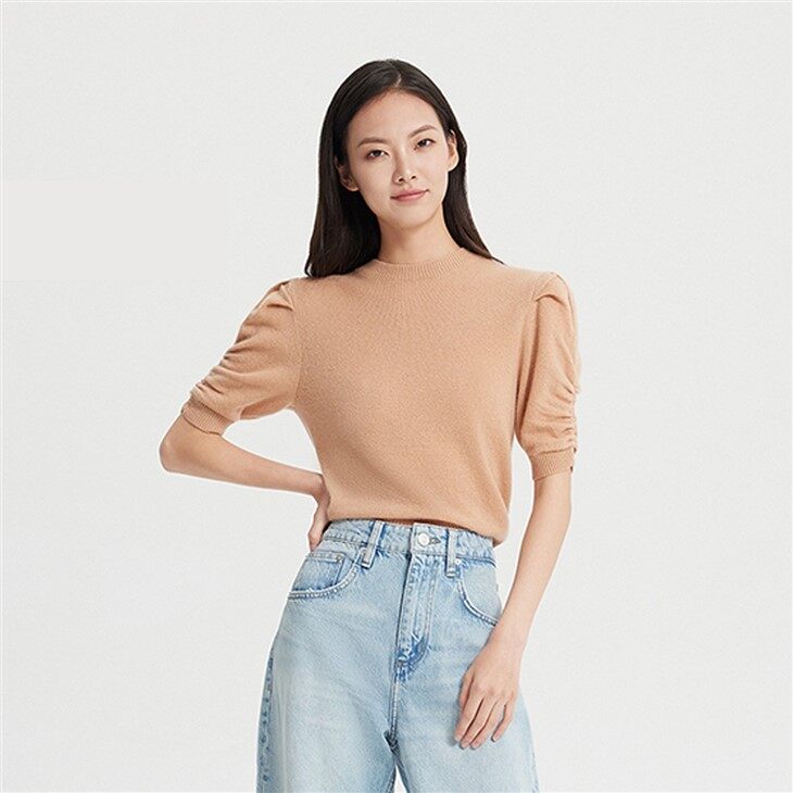 Short Sleeve Knitted Cashmere Crewneck Sweater Women