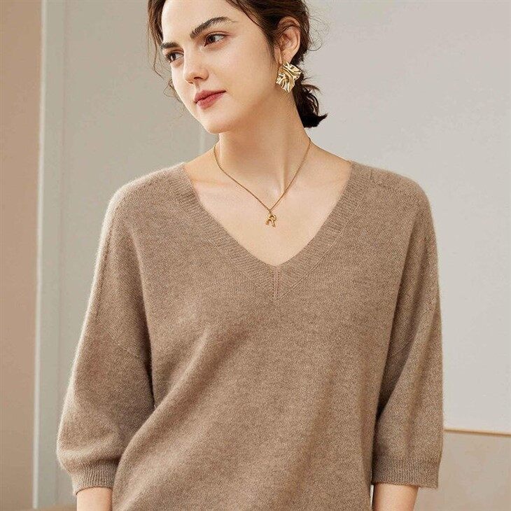 Short Sleeve V Neck Large Size Women Cashmere Sweater