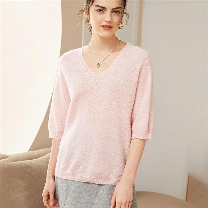 Short Sleeve V Neck Large Size Women Cashmere Sweater