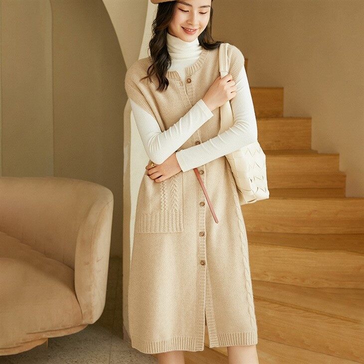 Sleeveless Single Breasted Cashmere Cardigan Dress