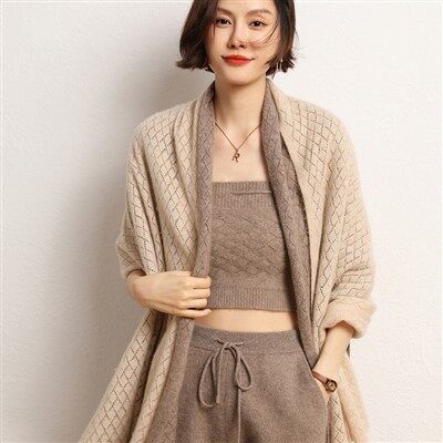Hollow Knitted Cashmere Herringbone Vlope Chal Pou Fanm