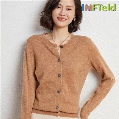 Cardigã feminino de malha lisa com gola redonda 100% caxemira