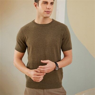 Męskie swetry z krótkim rękawem, ze 100% kaszmiru, z okrągłym dekoltem