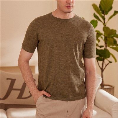 Męskie, jednokolorowe, lekkie, kaszmirowe swetry z krótkim rękawem