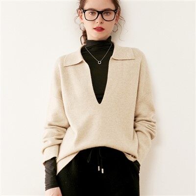 Damski sweter polo z dekoltem w kształcie litery V i kaszmirowym pulowerem