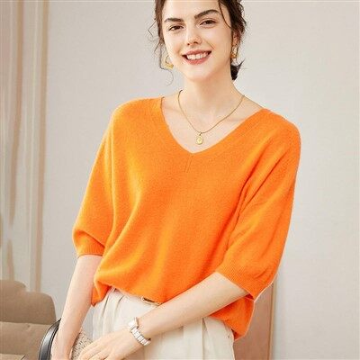 Suéter de cachemira de mujer de talla grande con cuello en V y manga corta
