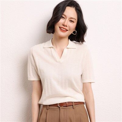 여자 소모사 캐시미어 반소매 셔츠 칼라 스웨터