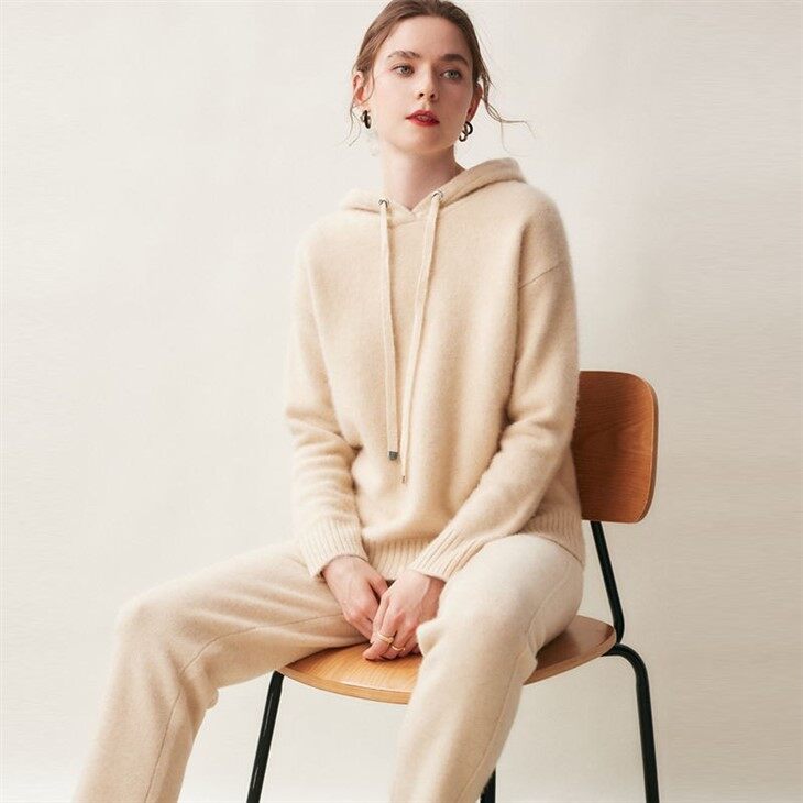 Spring Custom Cashmere Wool Knitted Pullover Hoodie Sweater For Women