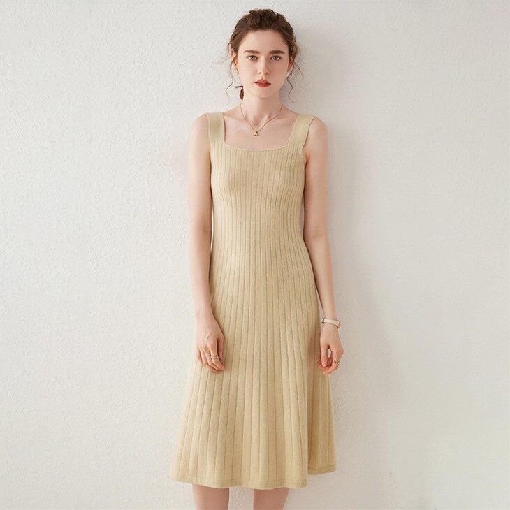 Square Cut Collar Sleeveless Cashmere Dress For Women